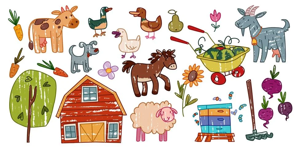 Cute farm animals and objects isolated on white Stock Illustration