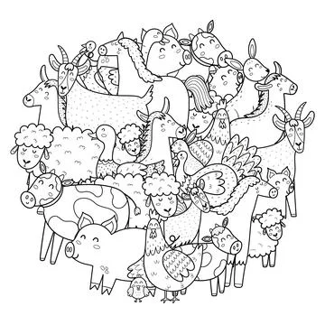 Cute farm animals circle shape coloring page. Doodle mandala Stock Illustration