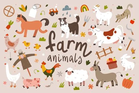 Cute farm animals collection, flat animal illustration, cow, sheep and rooster Stock-Illustration