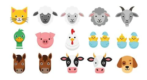 Cute Farm Animals Faces Collection - Cartoon Style Ilustração Stock