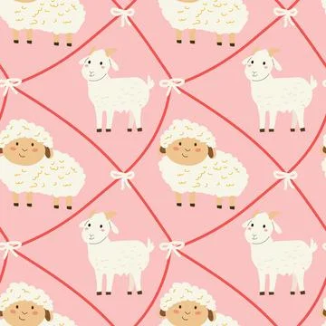 Cute farm animals pattern with diagonal grid and bows knots on pink backgroun Stock Illustration