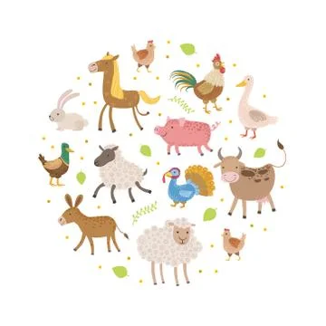 Cute Farm Animals Pattern of Round Shape, Greeting Cards, Poster, Banner Stock Illustration