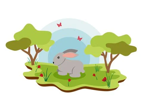 Cute farm animals rabbit with spring landscape. vector cartoon illustration Stock Illustration