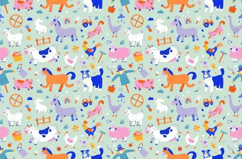 Cute farm animals seamless pattern, domestic animals illustration, cow, pig and Stock Illustration