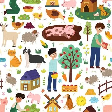 Cute farm animals seamless pattern. Pig in mud, boy gathering apples, sheep and Stock Illustration