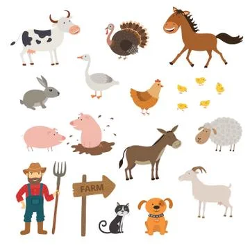 Cute Farm animals set in flat style isolated on white background. Cartoon far Stock Illustration