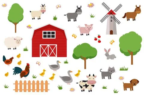 Cute farm animals set in flat style isolated on white background. Vector illu Stock Illustration