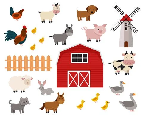 Cute farm animals set in flat style isolated on white background. Vector illu Illustrazione stock