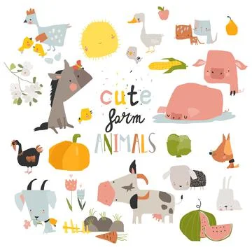 Cute farm animals set on white background Stock Illustration