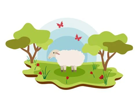 Cute farm animals sheep with spring landscape. vector cartoon illustration Stock Illustration