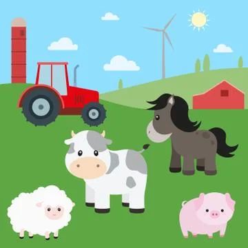 Cute Farm Animals Vector Set with Country Backdrop Stock Illustration