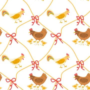 Cute farm birds pattern with diagonal grids and bows knots Stock Illustration