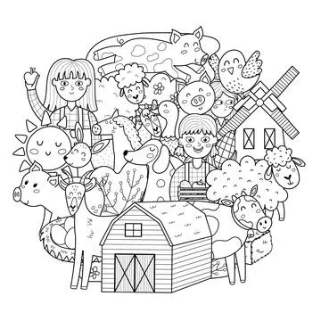Cute farm characters circle shape coloring page. Doodle mandala with animals and Stock Illustration