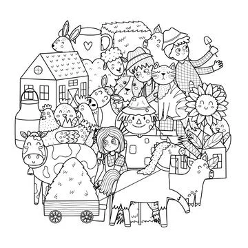 Cute farm characters circle shape coloring page. Doodle mandala with animals and Stock Illustration