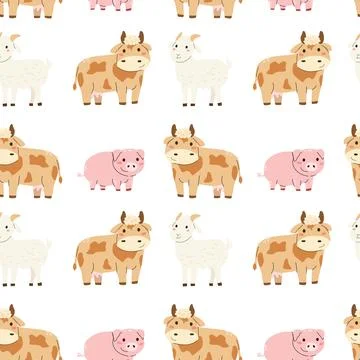 Cute farm pattern with cartoon cow, goat and pig. Stock Illustration