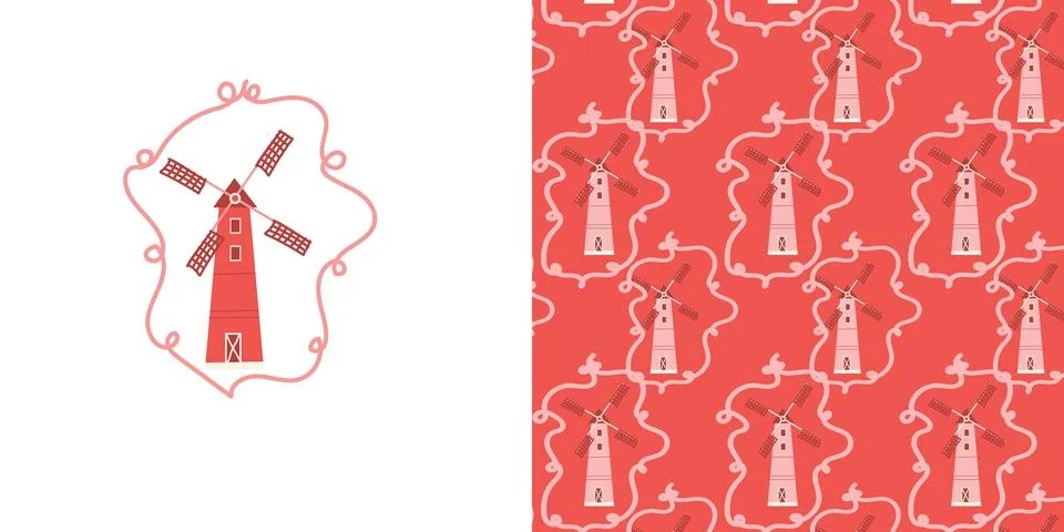 Cute farm pattern with windmill and doodle frame. Coquette pattern with pink Stock Illustration