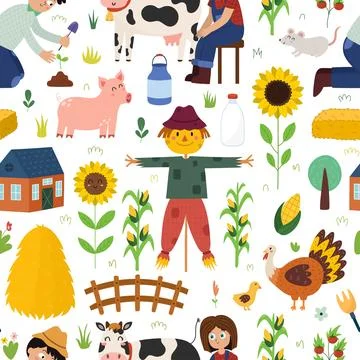 Cute farm seamless pattern with scarecrow, pig, cow, kids farmers. Funny Stock Illustration