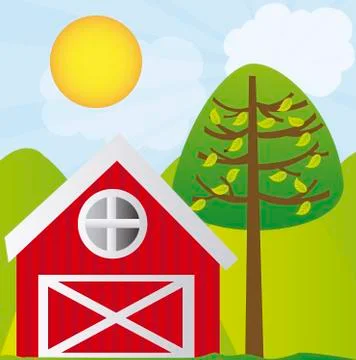Cute farm with tree and mountains over landscape background. vector イラスト素材