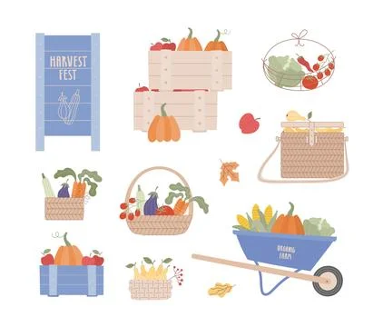 Cute farmer market vector illustrations set. Baskets, boxes with harvest, fruits Illustrazione stock
