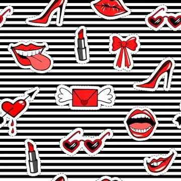 Cute fashion seamless pattern with patch badges. Points envelope  wings, mouth Stockillustratie