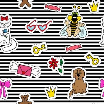 Cute fashion seamless pattern with patch badges. Mouth, lips, smile, lipstick Stock Illustration