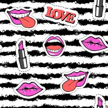 Cute fashion seamless pattern with patch badges. Mouth, lips, smile, lipstick Stock Illustration