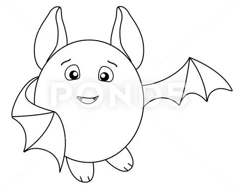 Cute fat bat with big ears - vector linear illustration for coloring ...