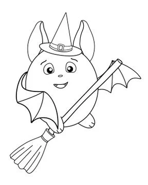 Cute fat bat in a magic hat flies on a broomstick - linear stock illustration Stock Illustration