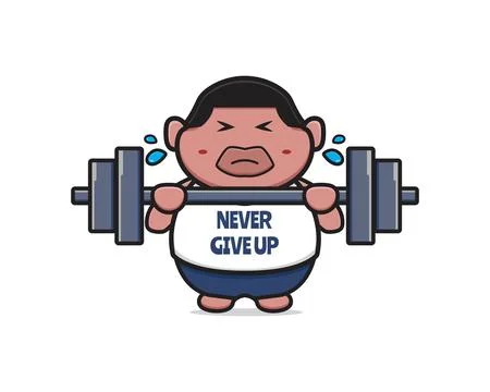 Cute fat boy do weight lifting never give up cartoon icon illustration Stock Illustration