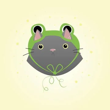 Cute fat gray cat in a green hat in the form of a frog. funny baby illustrati Stock Illustration