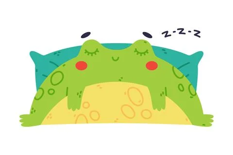 Cute Fat Green Frog or Toad Character Sleeping with Pillow Vector Illustration Stockillustratie