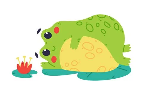 Cute Fat Green Frog or Toad Character Lying on Lily Pad Vector Illustration Illustrazione stock