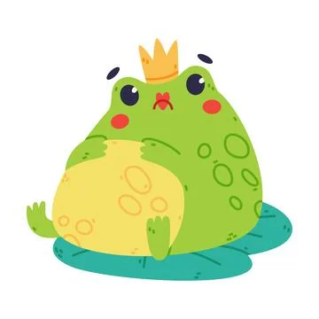 Cute Fat Green Frog or Toad Character with Crown Sitting on Lily Pad Vector Stockillustratie