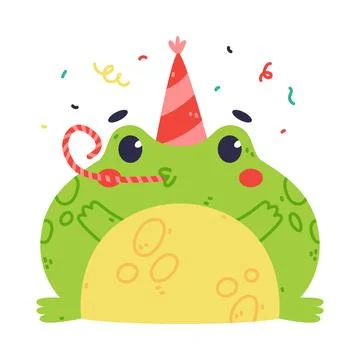 Cute Fat Green Frog or Toad Character in Birthday Hat Blowing Whistle Vector Stockillustratie