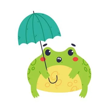 Cute Fat Green Frog or Toad Character with Umbrella Vector Illustration Illustrazione stock