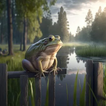 Cute fat illustrated 3d frog sitting on a fence, lake and forest in the Stock Illustration