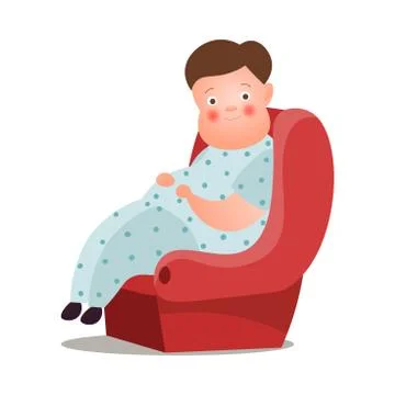 Cute fat man in night sleeping clothes stay on armchair Stock Illustration