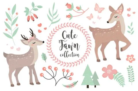 Cute fawn character set of objects. Collection of design elements with little Illustrazione stock
