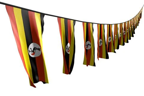 Cute feast flag - many Uganda flags hangs diagonal on string isolated Illustrazione stock