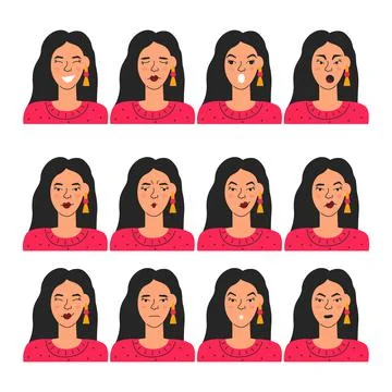 Cute female face expression set isolated on white. Young adult handsome girl Stock Illustration