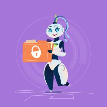 Cute Female Robot Protect Data Modern Artificial Intelligence Technology Concept Stock Illustration