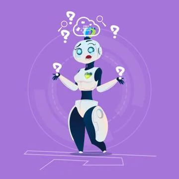 Cute Female Robot Thinking Question Modern Artificial Intelligence Technology Stock Illustration