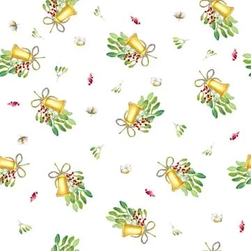 Cute festive pattern with bells and mistletoe. Stock Illustration