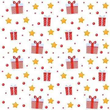 Cute festive seamless pattern. Red gift boxes and stars, background for birthday Illustrazione stock
