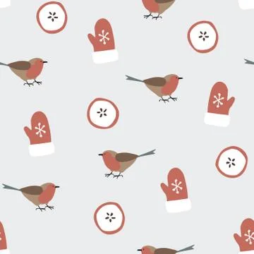 Cute festive winter seamless pattern with hand drawn finch birds, sliced apples イラスト素材