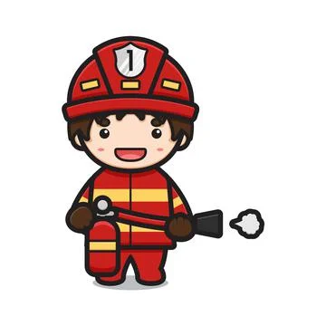 Cute fire fighter holding fire extinguisher character cartoon vector icon ill Stock Illustration