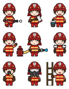 Cute fire fighter set with different activity cartoon vector icon illustratio Stock Illustration