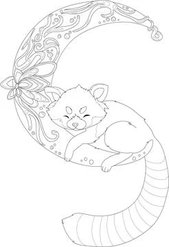 Cute firefox sleeping on mandala moon sketch template. Stock Illustration