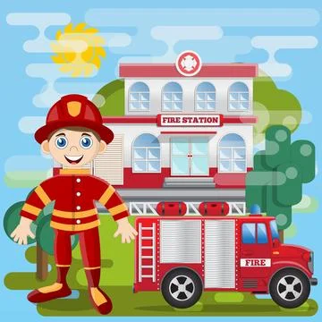 Cute fireman on the background of the fire station. Stock Illustration
