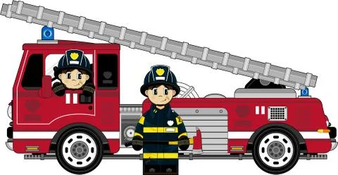 Cute Fireman &amp; Engine Stock Illustration